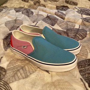 Vans Slip-On Sneakers in Teal, Pink, and Red (Women’s)